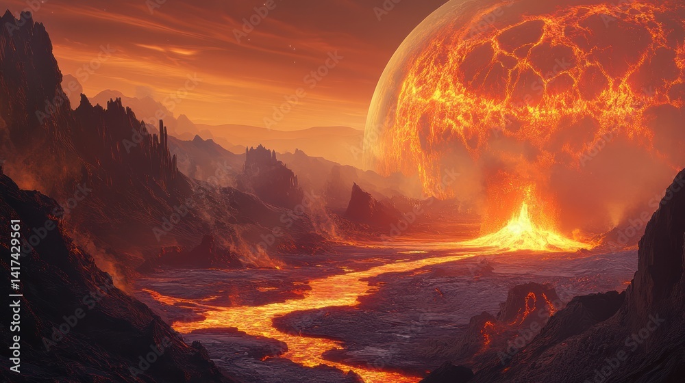 Fototapeta premium Infernal vista: A volcanic river winds through a landscape under a fiery orb