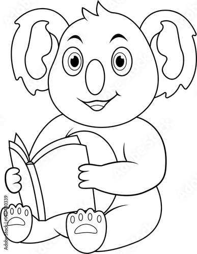 Cartoon koala reading a book line art