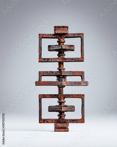minimalist sculpture created from salvaged automotive parts with varying rust patterns arranged in geometric form against neutral background photo