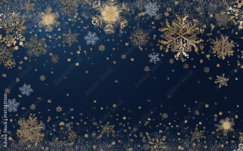 Elegant winter design with gold and silver snowflakes falling on a dark blue background. Festive and magical holiday backdrop. Elegant winter design with gold and silver snowflakes falling on a dark blue background. Festive and magical holiday backdrop.