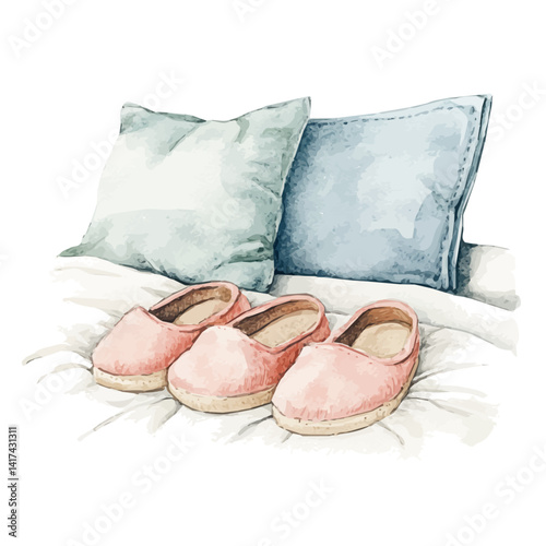illustration of Set Of Cozy Slippers Beside The Bed, watercolor vector, isolated on a white background.