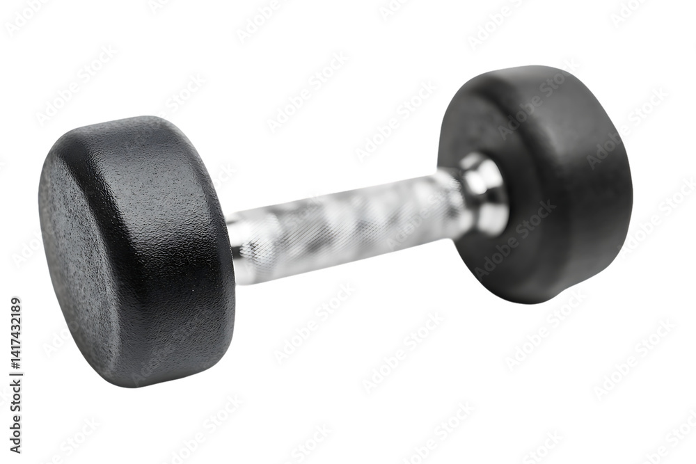 Single dumbbell with black ends and textured metal handle, fitness equipment, isolated. Single dumbbell with black ends and textured metal handle, fitness equipment, isolated.