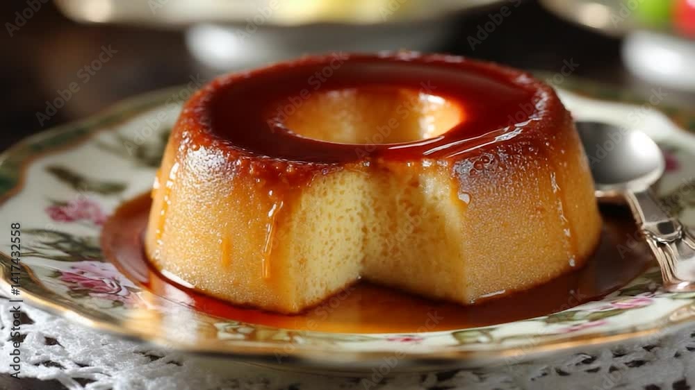 A tempting Brazilian flan, a classic sweet pudding, with caramel sauce, presented on a plate.