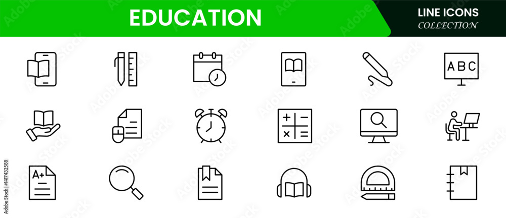 Education and Learning thin line icons set. Education, School, and Learning icons. Vector illustration web line icon collection Education and Learning thin line icons set. Education, School, and Learning icons. Vector illustration web line icon collection