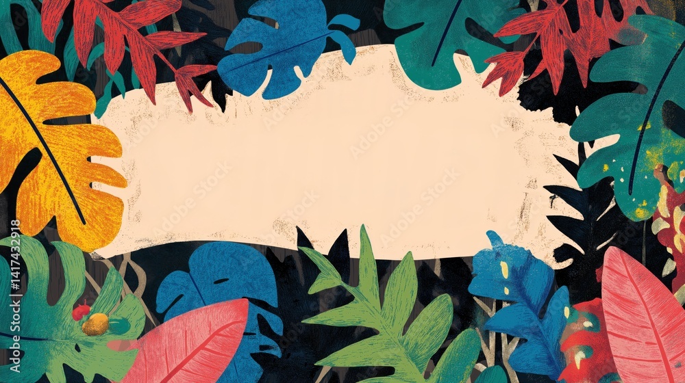 Colorful tropical leaves create a vibrant background for text suitable for invitations or announcements.