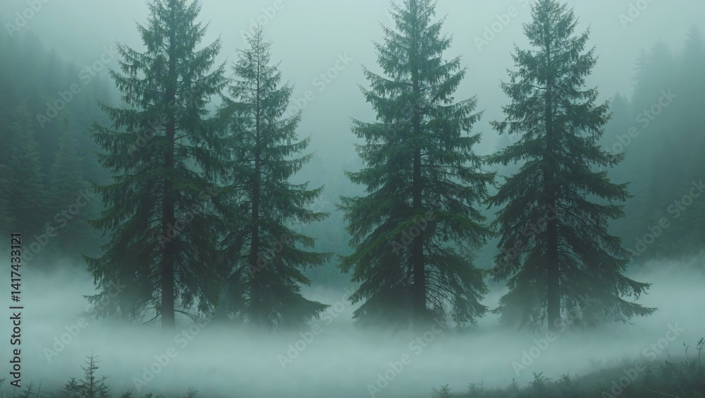 Obraz premium Dense evergreen trees rising from a thick blanket of fog