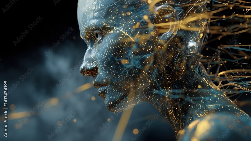 Futuristic portrait of a humanoid figure with glowing patterns and intricate details in a dark environment, 3d illustration.