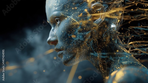 Obraz na płótnie Futuristic portrait of a humanoid figure with glowing patterns and intricate details in a dark environment, 3d illustration. w salonie