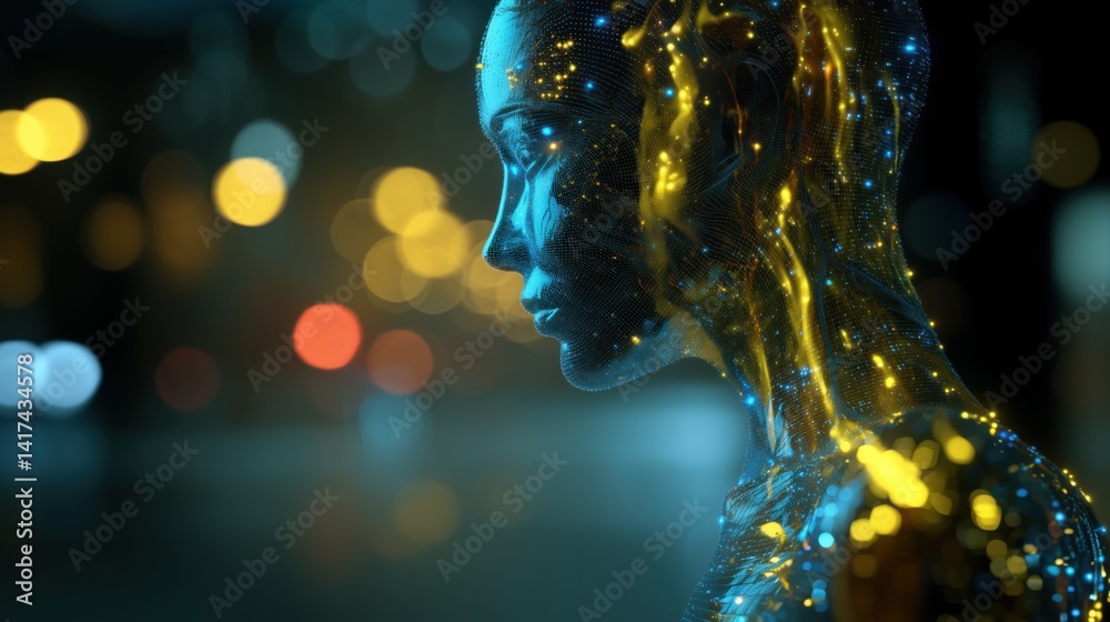 Digital mannequin illuminated with glowing lights in an urban setting at night, 3d illustration.