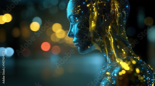 Obraz na płótnie Digital mannequin illuminated with glowing lights in an urban setting at night, 3d illustration. w salonie