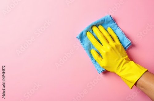Employee hand in yellow rubber protective glove wiping pastel pink wall from dust with blue dry rag. General or regular cleanup. Commercial cleaning company. 