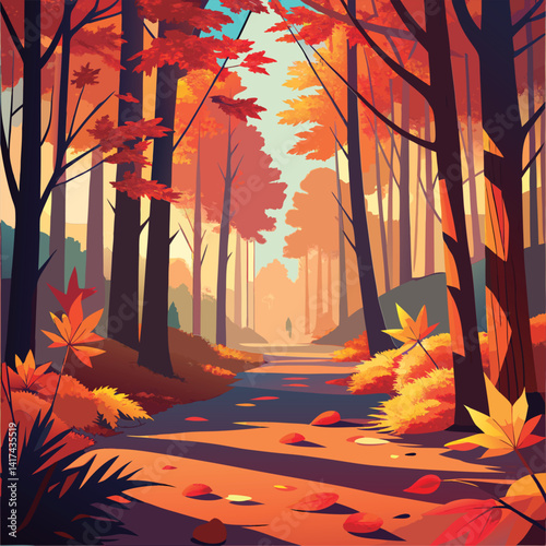 Autumnal forest path bathed in sunlight.