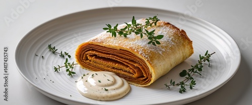 Savory Pumpkin Strudel on White Plate with Fresh Herbs and Sauce.