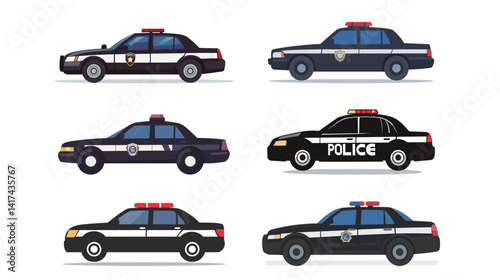 Vector illustration of police-related symbols including badge, officer silhouette, patrol car, and handcuffs in modern flat design style, representing law enforcement, security, protection, justice, 