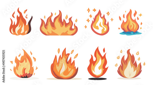 Set of bright and dynamic isolated fire flames with transparent background, depicting burning heat, energy motion, blazing effects, realistic fire elements for hot explosion themes and dramatic design