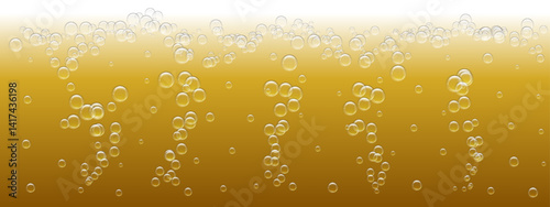 Realistic vector of frosty beer with bubbles and water droplets, highlighting refreshing nature of drink. Background features smooth texture and transparent elements.