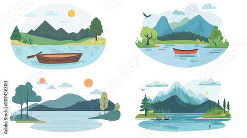 Scenic vector illustration of tranquil lake surrounded by nature, with smooth water surface, distant mountains, trees, and soft sky, perfect for outdoor landscape themes, travel concepts,