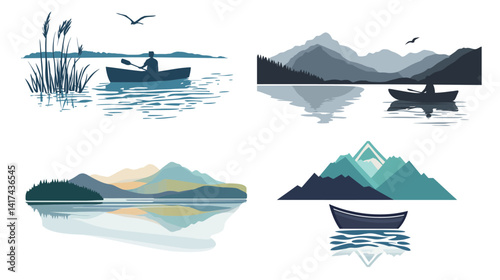 Scenic vector illustration of tranquil lake surrounded by nature, with smooth water surface, distant mountains, trees, and soft sky, perfect for outdoor landscape themes, travel concepts,