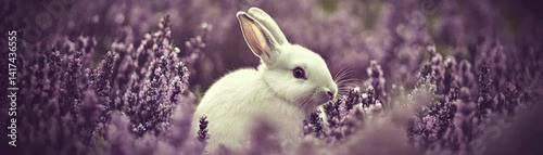 A fluffy white rabbit nestled among blooming purple flowers beautifully
