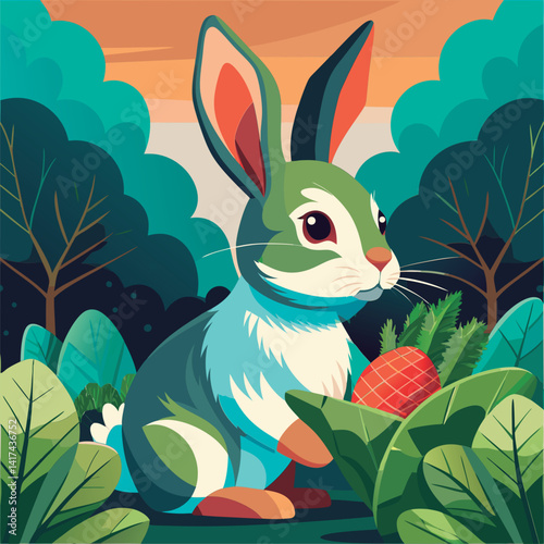 Cute rabbit holding a treat in a forest.