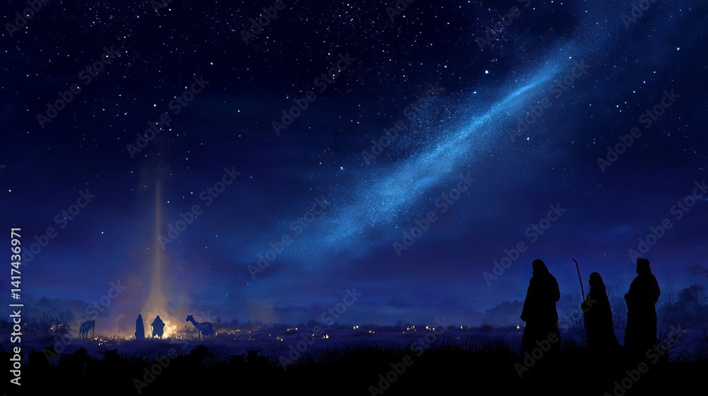 Nativity scene with shepherds under a starry night sky and a bright light shining down on a small town Nativity scene with shepherds under a starry night sky and a bright light shining down on a small town