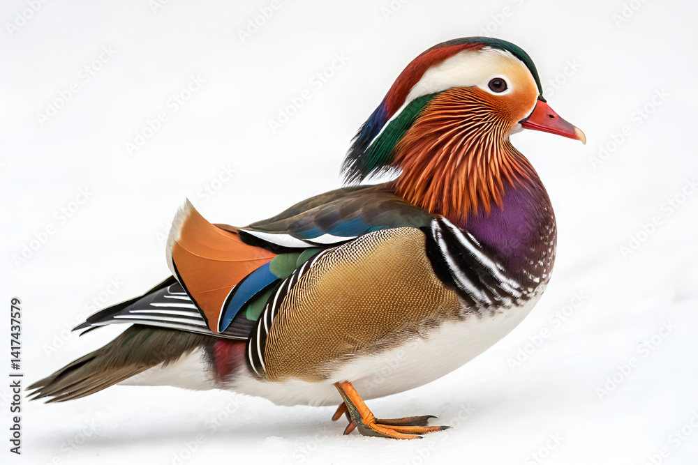 A colorfull mandarin duck, a wild bird with red beak and exotic feathers, flies in nature, isolated against white snow A colorfull mandarin duck, a wild bird with red beak and exotic feathers, flies in nature, isolated against white snow