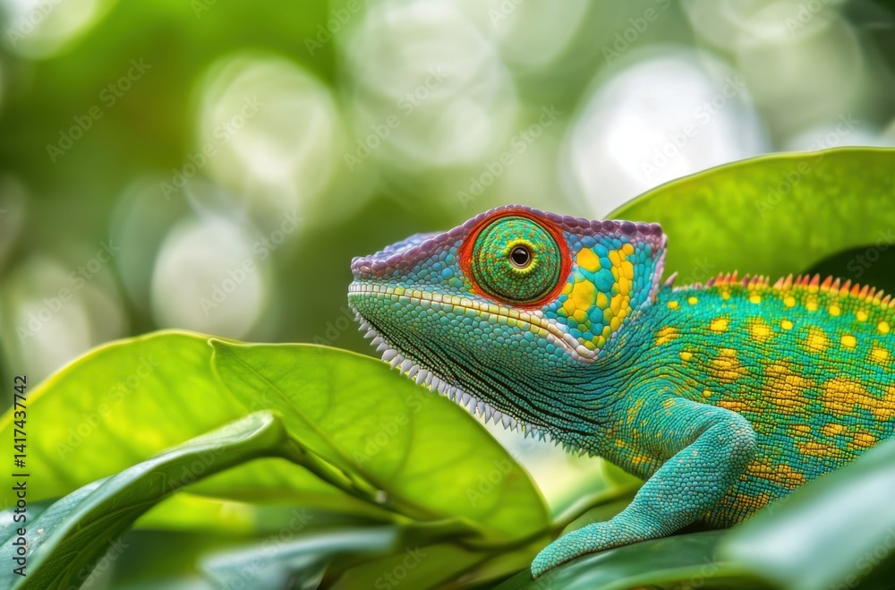 Fototapeta premium A close-up of a vibrant chameleon camouflaging among