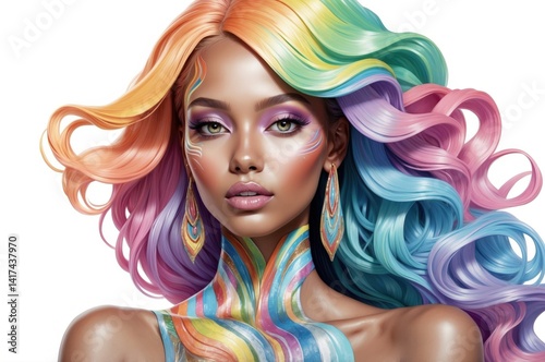 Vibrant woman with colorful hair and artistic body paint in a creative studio setting