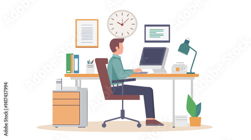 Vector graphic design illustrating safe working conditions, symbolizing workplace safety, employee protection, health, and well-being in the workplace, with safety gear, safety signs, and precautions 
