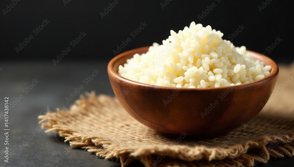 Rustic bowl of rice, burlap texture, black backdrop, rice, food photography, background Rustic bowl of rice, burlap texture, black backdrop, rice, food photography, background