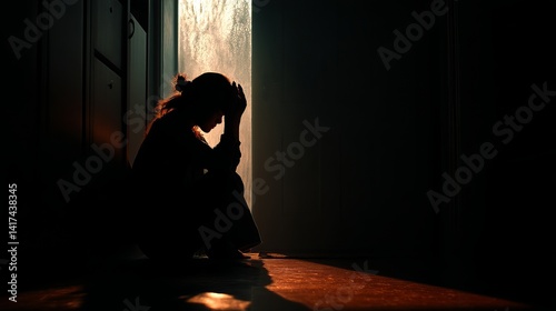 Silhouette of a woman sitting with her head in her hands in a dimly lit room with a dark atmosphere