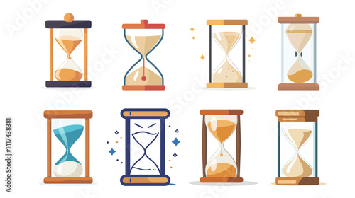 Minimalist vector illustration of classic sand clock symbolizing time management, deadline pressure, countdown, patience, and passing moments, isolated on white background for business 