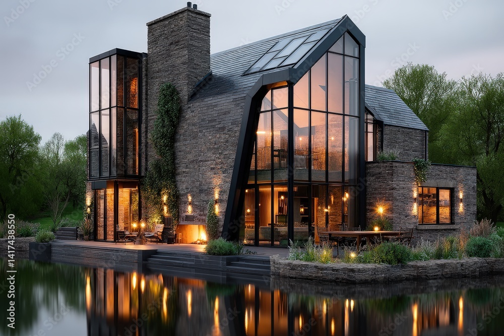 Fototapeta premium Modern architectural home with large windows reflected on water