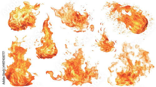 Set of bright and dynamic isolated fire flames with transparent background, depicting burning heat, energy motion, blazing effects, realistic fire elements for hot explosion themes and dramatic design