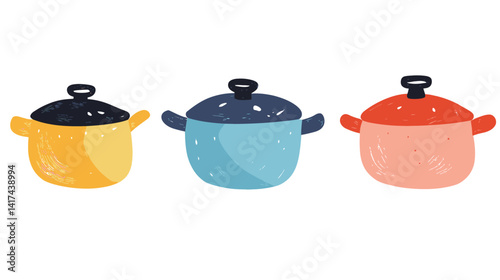 Minimalist vector illustration of a simple cooking pot with lid, representing home kitchen utensils, food preparation tools, and traditional cookware for boiling, simmering,