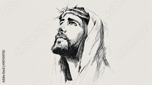 Ink sketch of jesus christ wearing a crown of thorns looking upwards with a white background visible too
