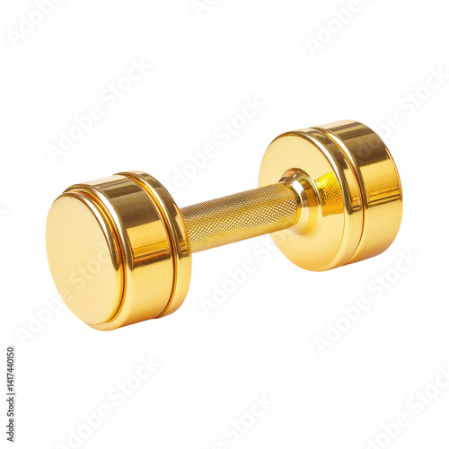 Golden dumbbell isolated on white background. Concept of fitness, exercise, and luxury.