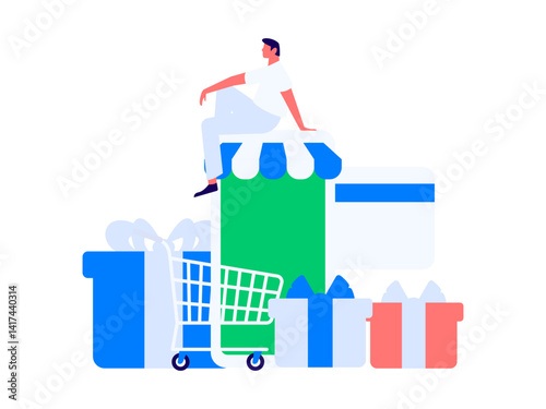 Holiday shopping people doing e-commerce online shopping flat vector concept operation hand drawn illustration
