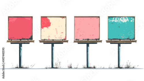 Four Weathered Pastel Billboards on Wooden Posts