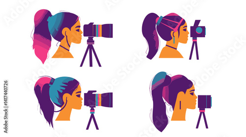 Pixel Art Portrait of a Young Woman with Colorful Hair Using a Camera on a Tripod