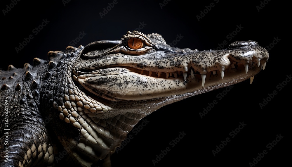 Fototapeta premium Detailed Portrait of a Crocodile with Intense Gaze and Sharp Teeth in Dark Background
