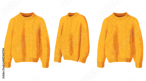 Three Yellow Knit Sweaters on White Background