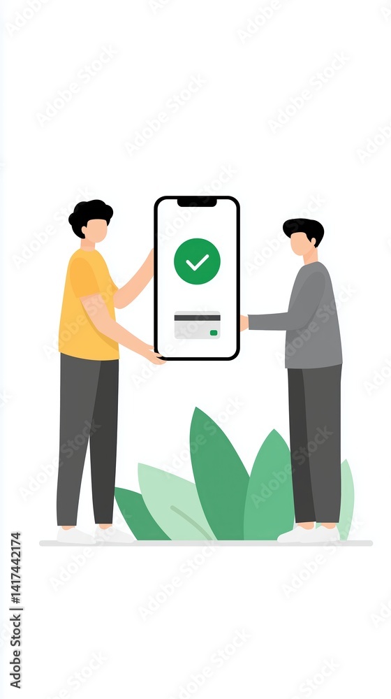 Two individuals exchanging a smartphone displaying a checkmark symbol, representing successful verification and digital communication concept Two individuals exchanging a smartphone displaying a checkmark symbol, representing successful verification and digital communication concept
