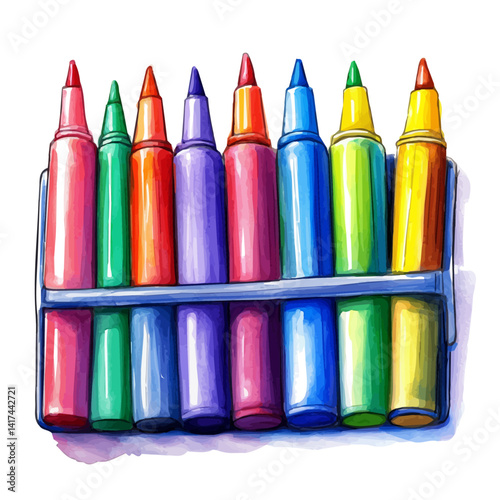 Set Of Colored Markers In An Organizer, vector watercolor illustration, isolated on a white background.