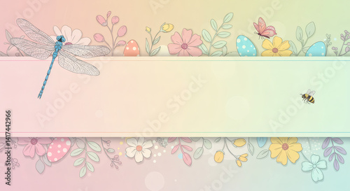 Background and banner decorated with pastel colors blooming flowers and leaves. Spring, Easter, Summer theme with dragonfly, butterfly and bee.