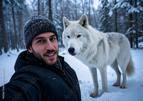 Influencer Taking Selfie with Majestic Dire Wolf in Snowy Forest – Winter Adventure Vibes