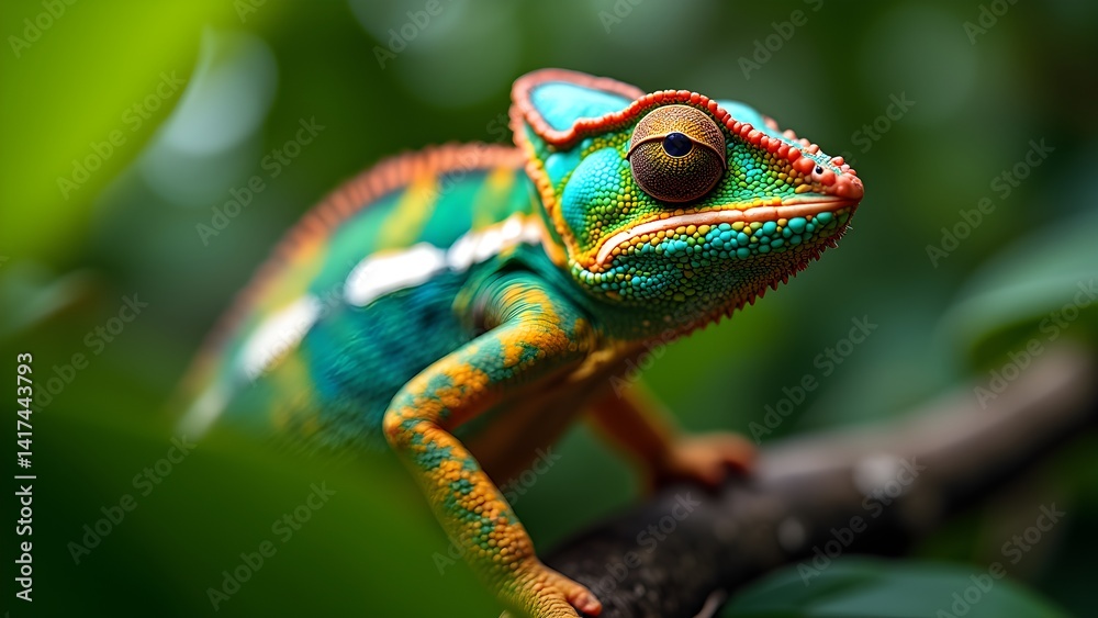Fototapeta premium Vibrant chameleon on a branch with striking colors and textures, showcasing wildlife in natural habitat