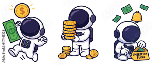 Cash flow and profit planning set with cartoon astronauts. Running with cash, stacking coins, budgeting expenses. Flat vector illustrations on white background.