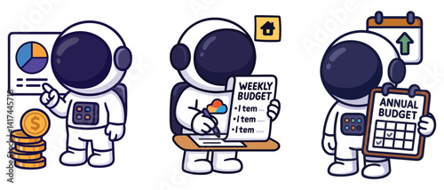 Weekly budget and personal finance set with cartoon astronauts. Managing income, planning expenses, reviewing financial chart. Flat vector illustrations on white background.