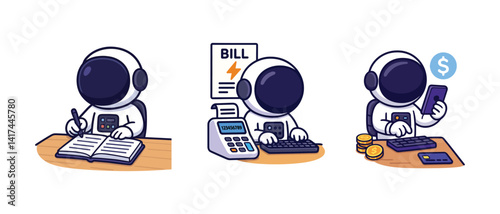 Bill calculation and digital transaction set with cartoon astronauts. Writing invoices, paying online, tracking expenses. Flat vector illustrations on white background.